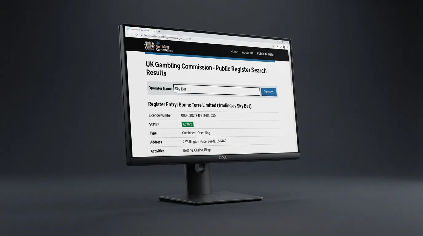 A close-up of the UK Gambling Commission public register search bar with an operator name entered and the licence-status result visible
