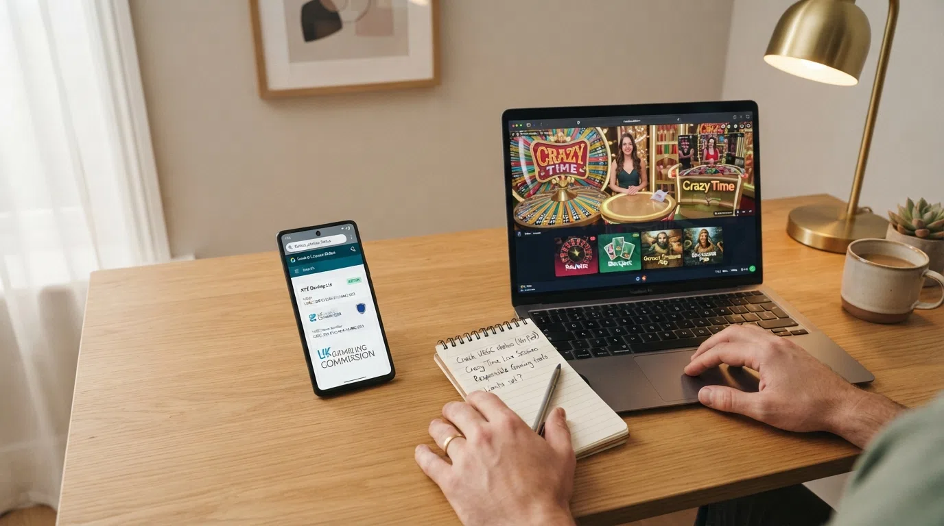 A smartphone screen displaying the UK Gambling Commission public register search interface with a casino licence result visible, beside a laptop showing a live casino lobby with Crazy Time in the game-show section.