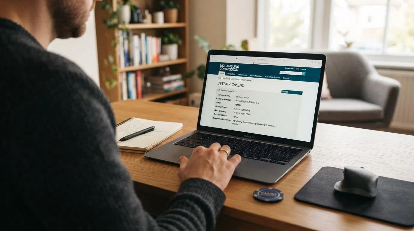 The Gambling Commission public register search screen showing a casino licence entry with status, licence type and regulatory actions fields