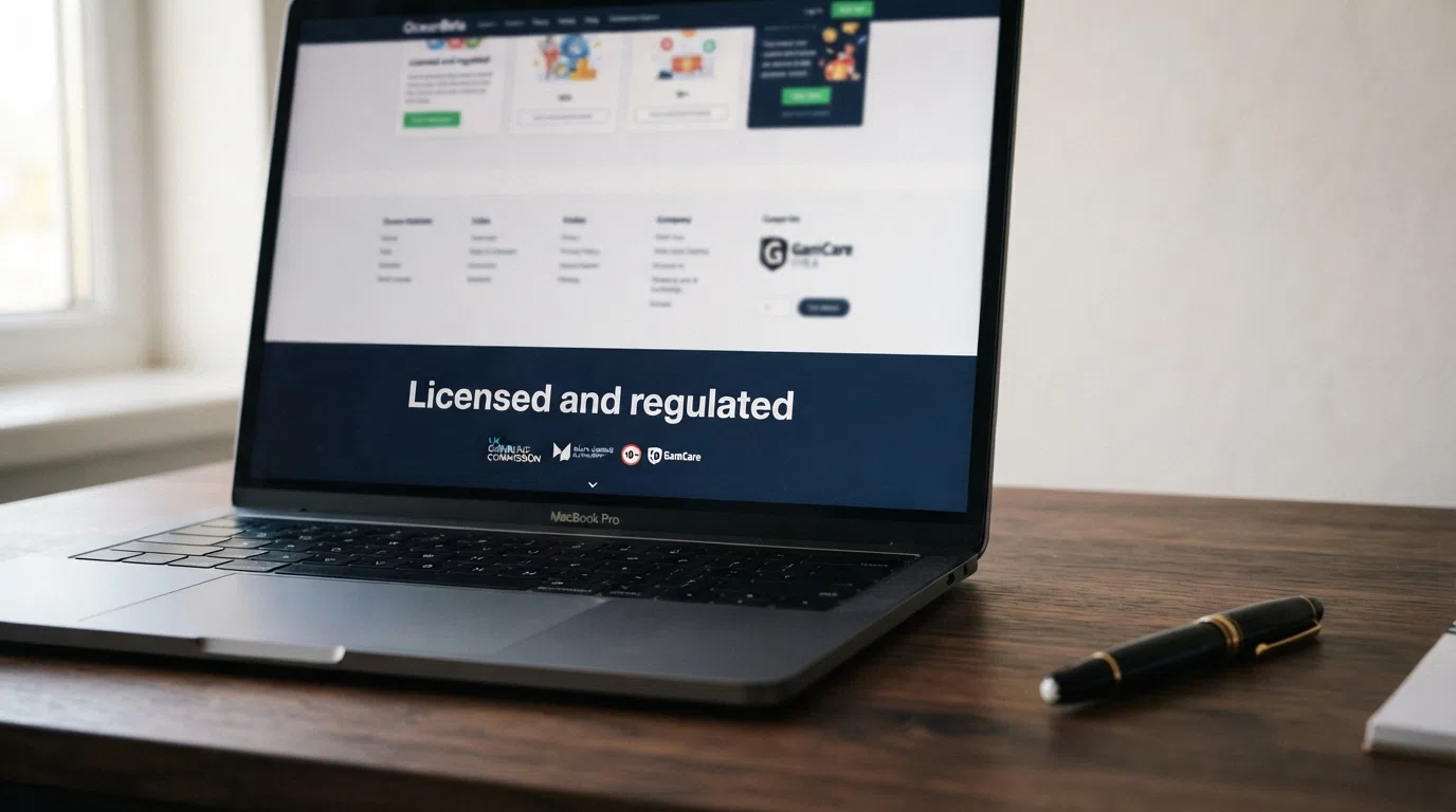 A close-up of a casino website footer showing a UKGC licence number and the Gambling Commission logo, with the words “Licensed and regulated by the Gambling Commission”