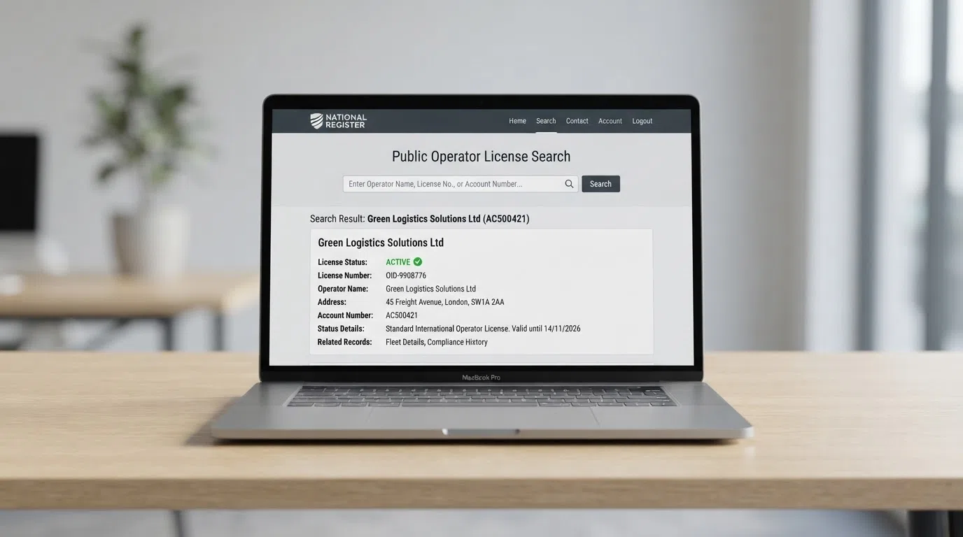 A screenshot-style illustration of the UK Gambling Commission public register search interface with the Gambling Commission logo and a sample operator licence-status result visible