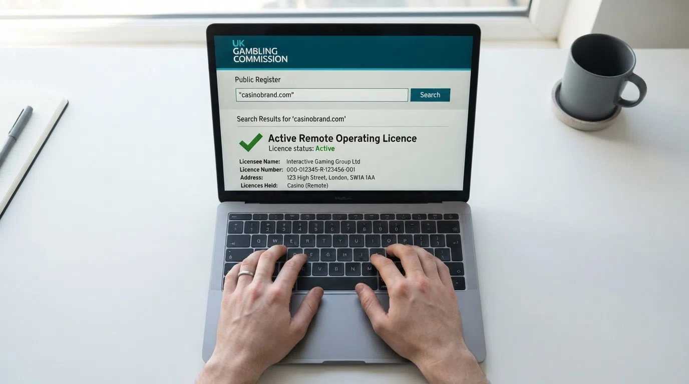 A close-up of a laptop screen showing the UK Gambling Commission public register search interface with a casino domain name entered in the search field