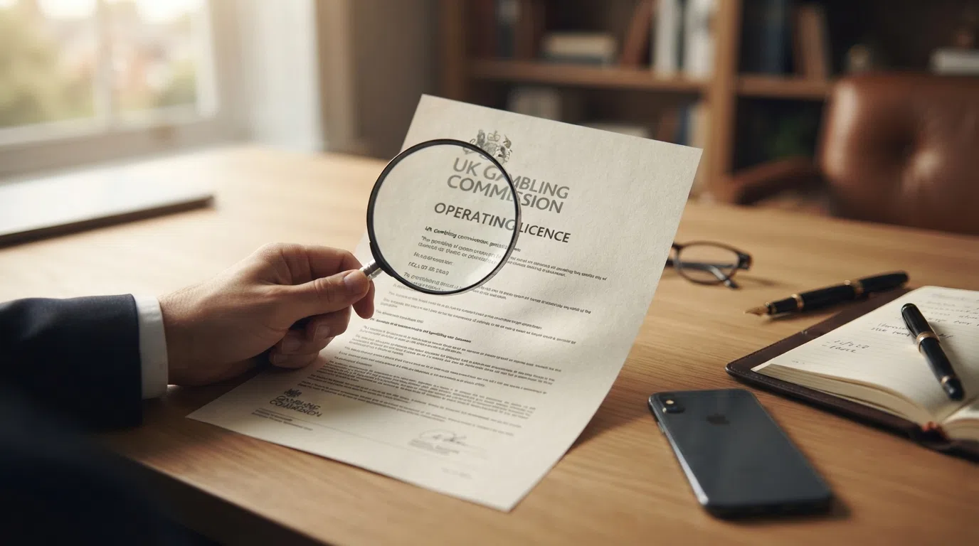A magnifying glass held over a UK Gambling Commission operating licence document