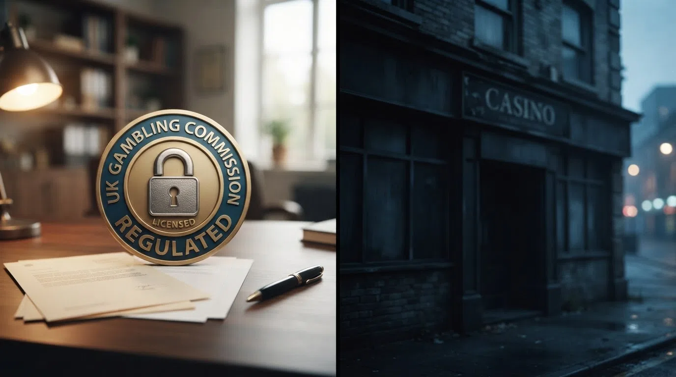 A split visual: on the left a UKGC badge with a padlock and GamStop logo, on the right a warning triangle over an unmarked casino storefront
