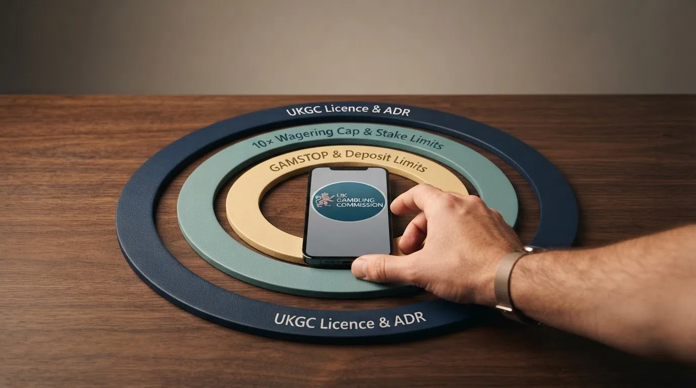 A concentric-circle diagram with the player at the centre, surrounded by three labelled rings: inner ring “GAMSTOP & Deposit Limits,” middle ring “10× Wagering Cap & Stake Limits,” outer ring “UKGC Licence & ADR”
