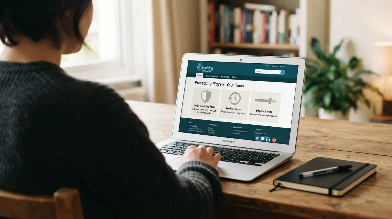 The UK Gambling Commission logo on an official webpage beside icons representing player protection tools — a shield, a clock, a deposit-limit slider