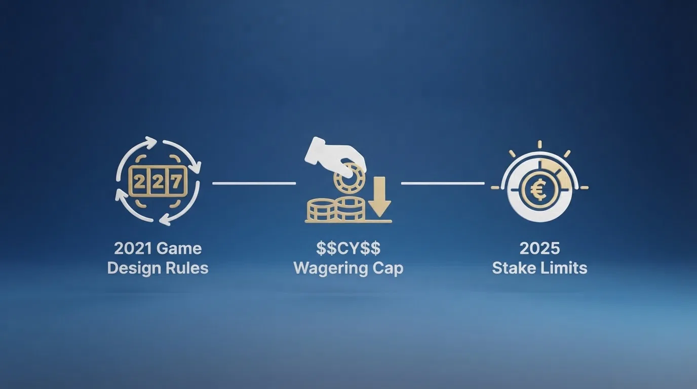 A visual timeline showing the three waves of UK online gambling reform — 2021 game-design rules, 2026 wagering cap, and 2025 stake limits — with icons for the key protections each wave introduced