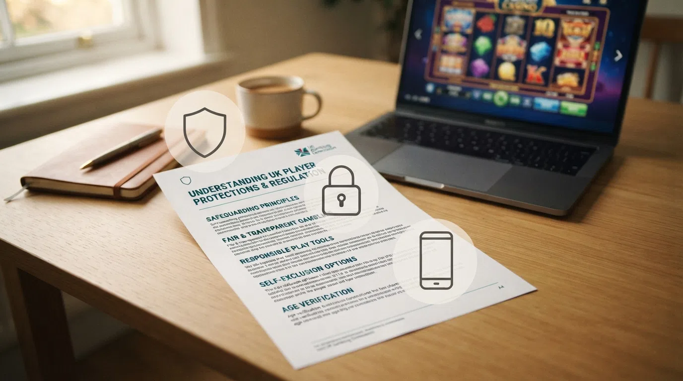 The Gambling Commission's logo on an official document with key player-protection icons — a padlock, a shield and a helpline phone — overlaid