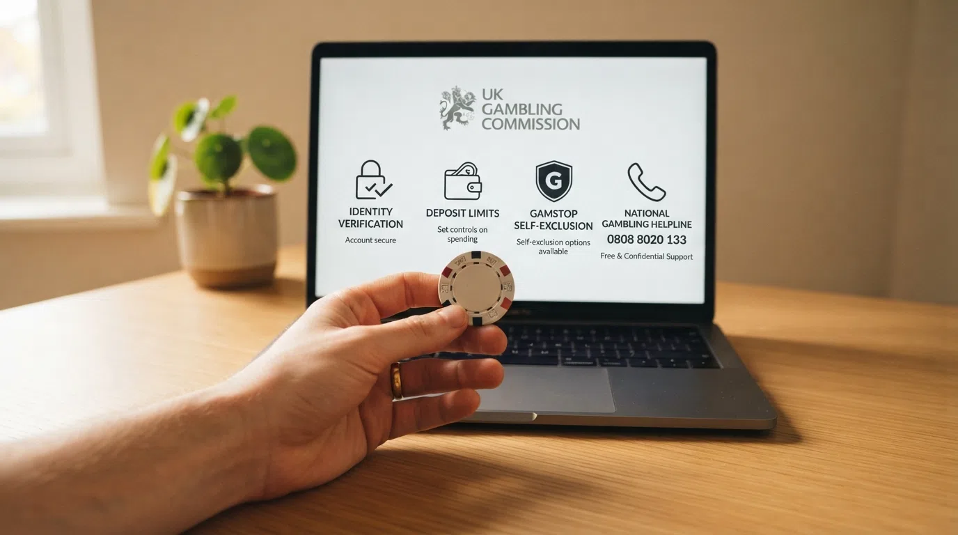 The UK Gambling Commission logo beside icons for identity verification, deposit-limit settings, GamStop self-exclusion and the National Gambling Helpline number