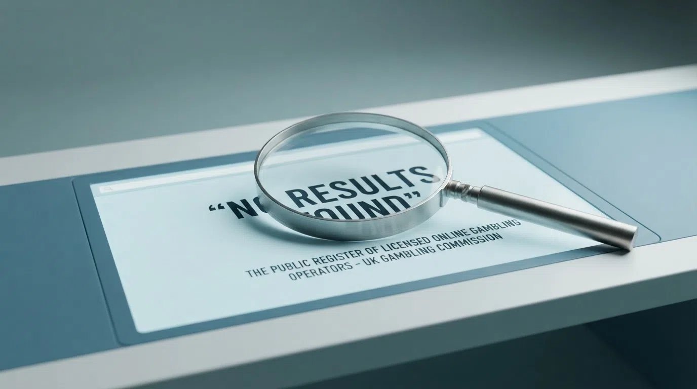 A close-up of a regulatory document or register search interface with a magnifying glass over the words “no results found,” rendered in a clean editorial style