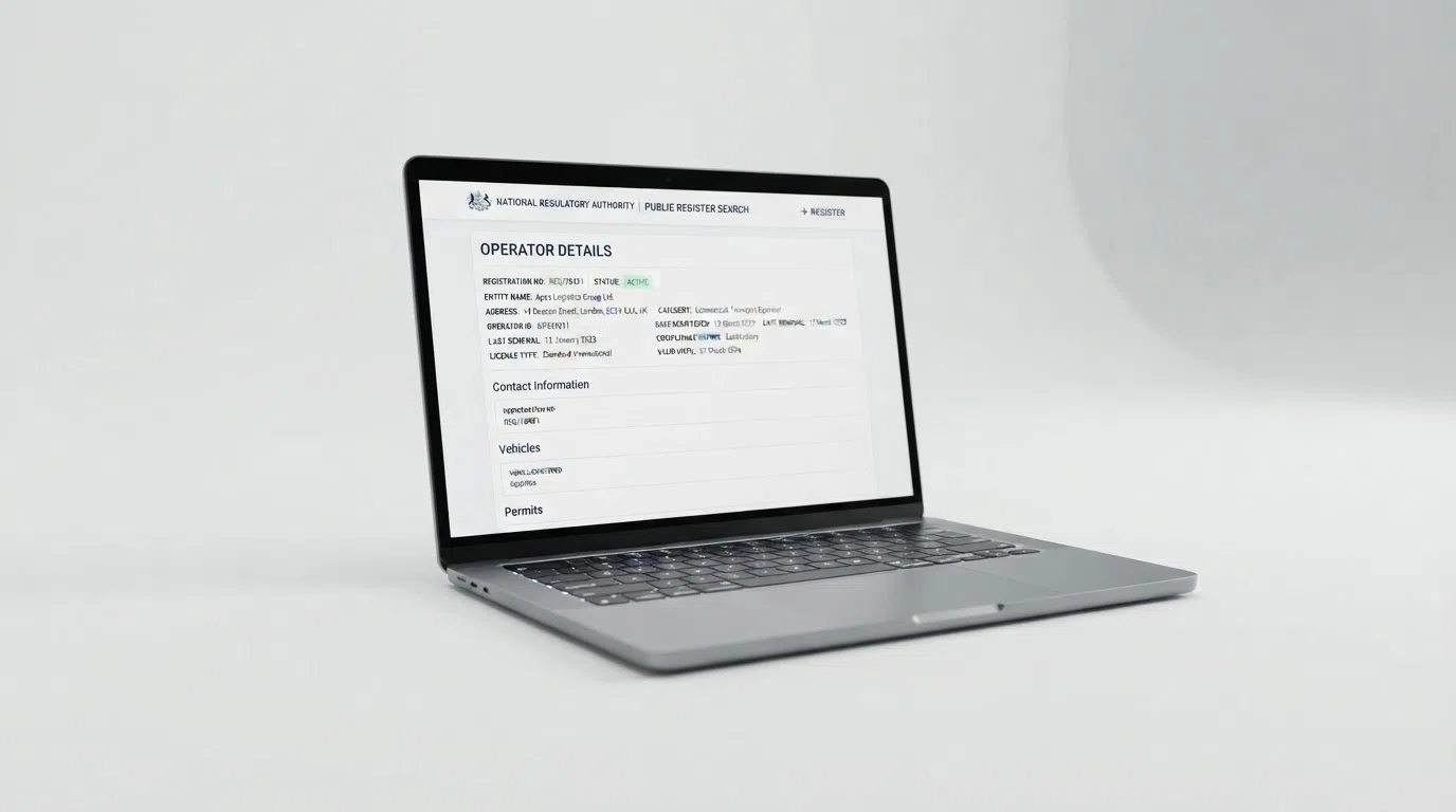 A laptop screen showing the Gambling Commission public register search interface with an operator's licence status displayed