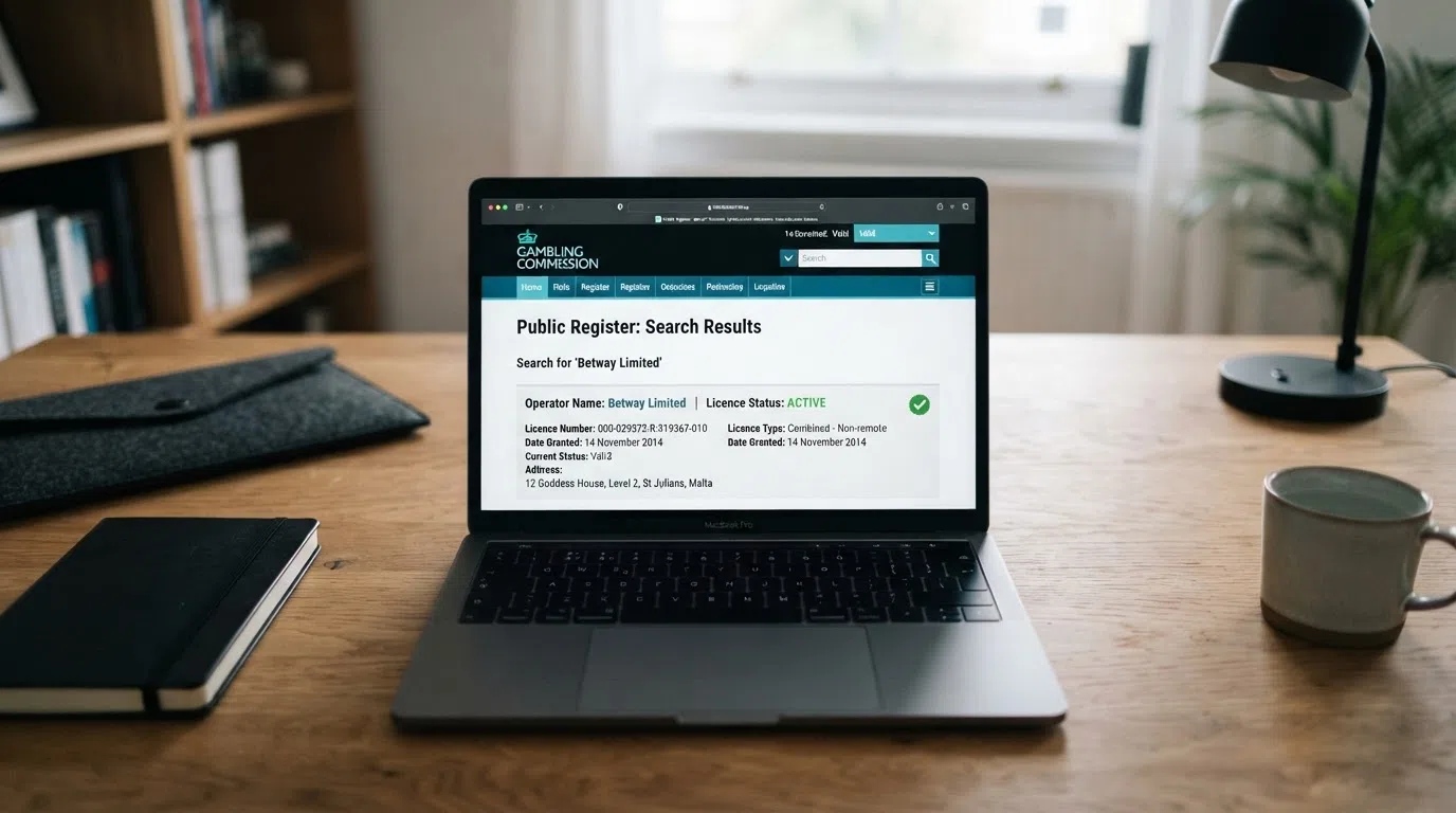 A UK Gambling Commission public-register search result page displaying an active casino operating licence with account number and licence type visible