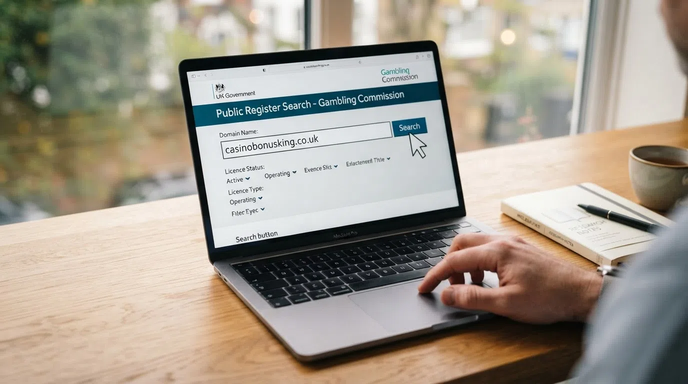 A search box on the Gambling Commission public register website with a casino domain name typed into it, cursor hovering over the search button