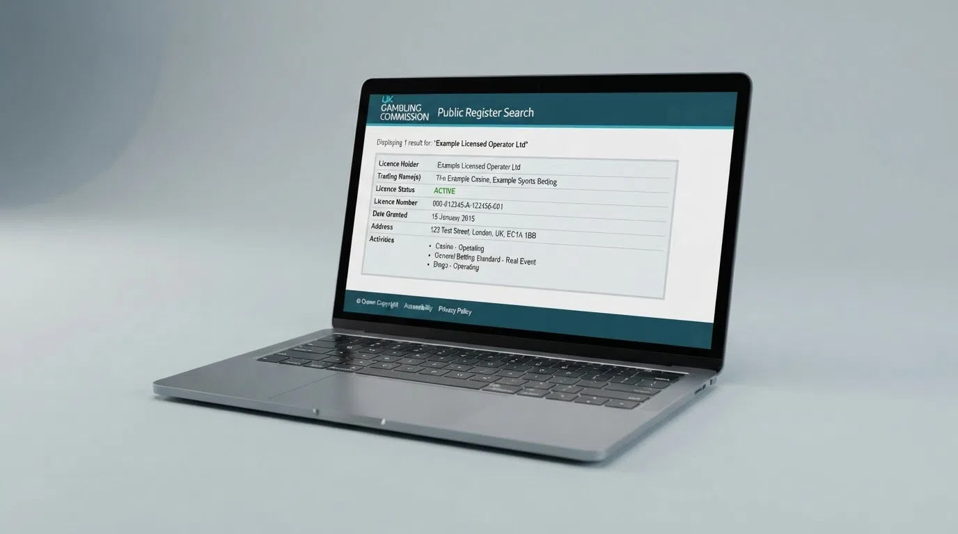 The UK Gambling Commission public register search page on a laptop screen with a licence-holder result displayed