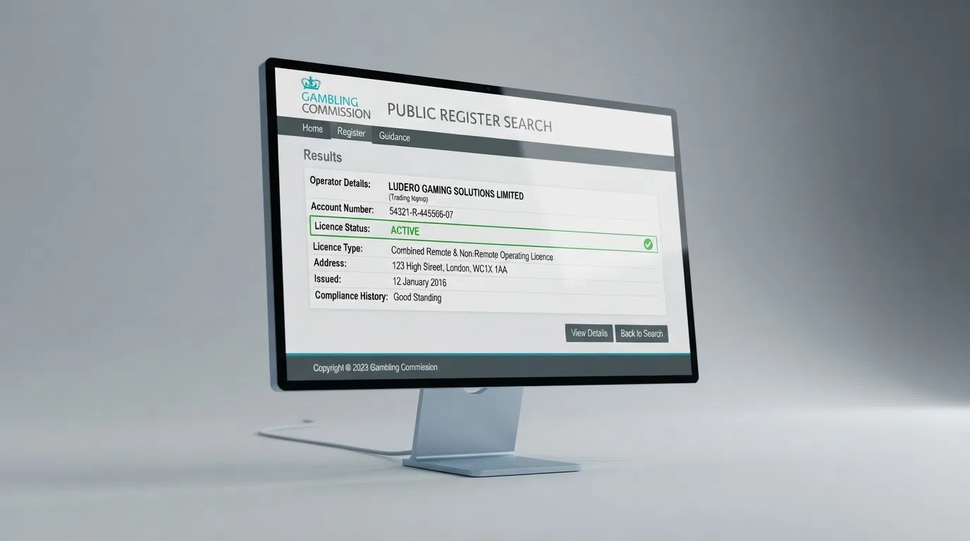 The Gambling Commission public register search page showing a licence-holder result with account number, trading name and active licence status