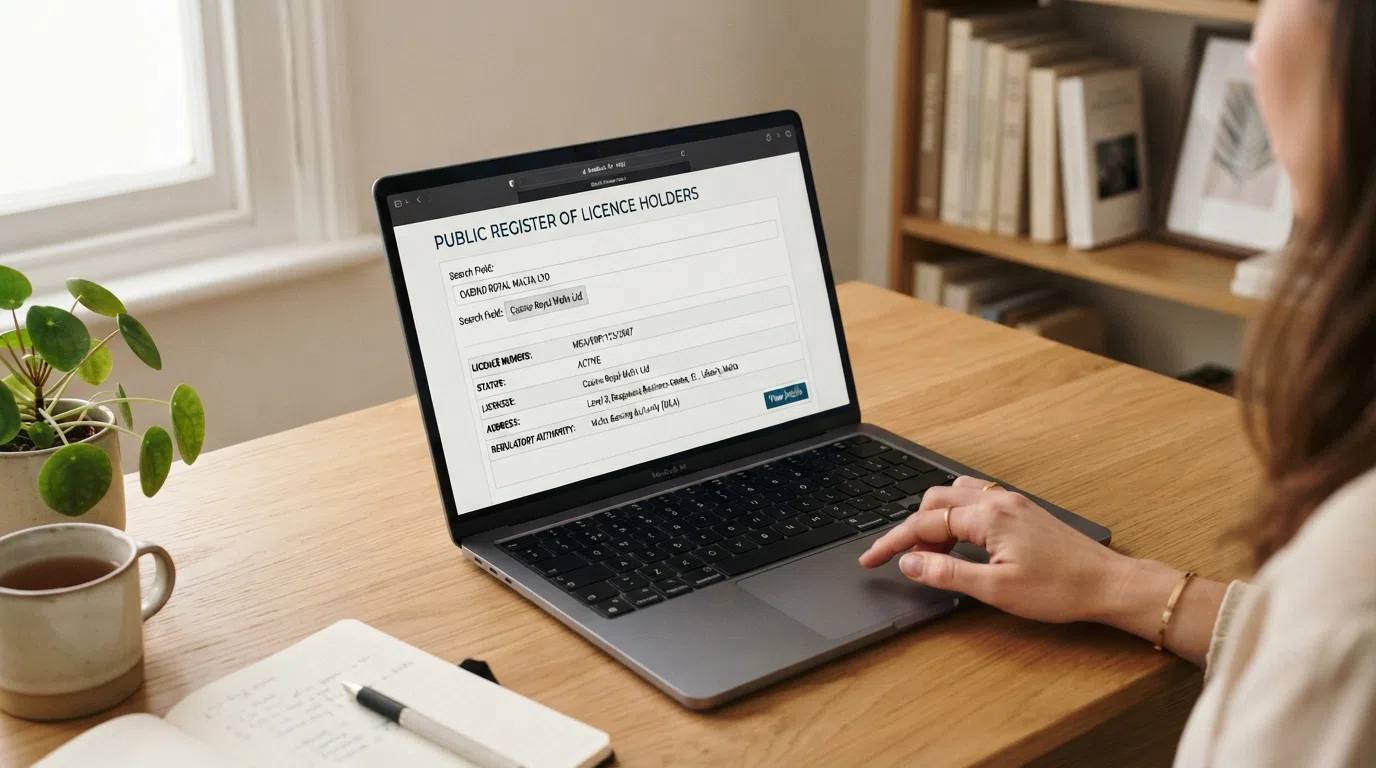 The Gambling Commission's online public-register search page with a casino name typed into the search field and a licence record result visible below