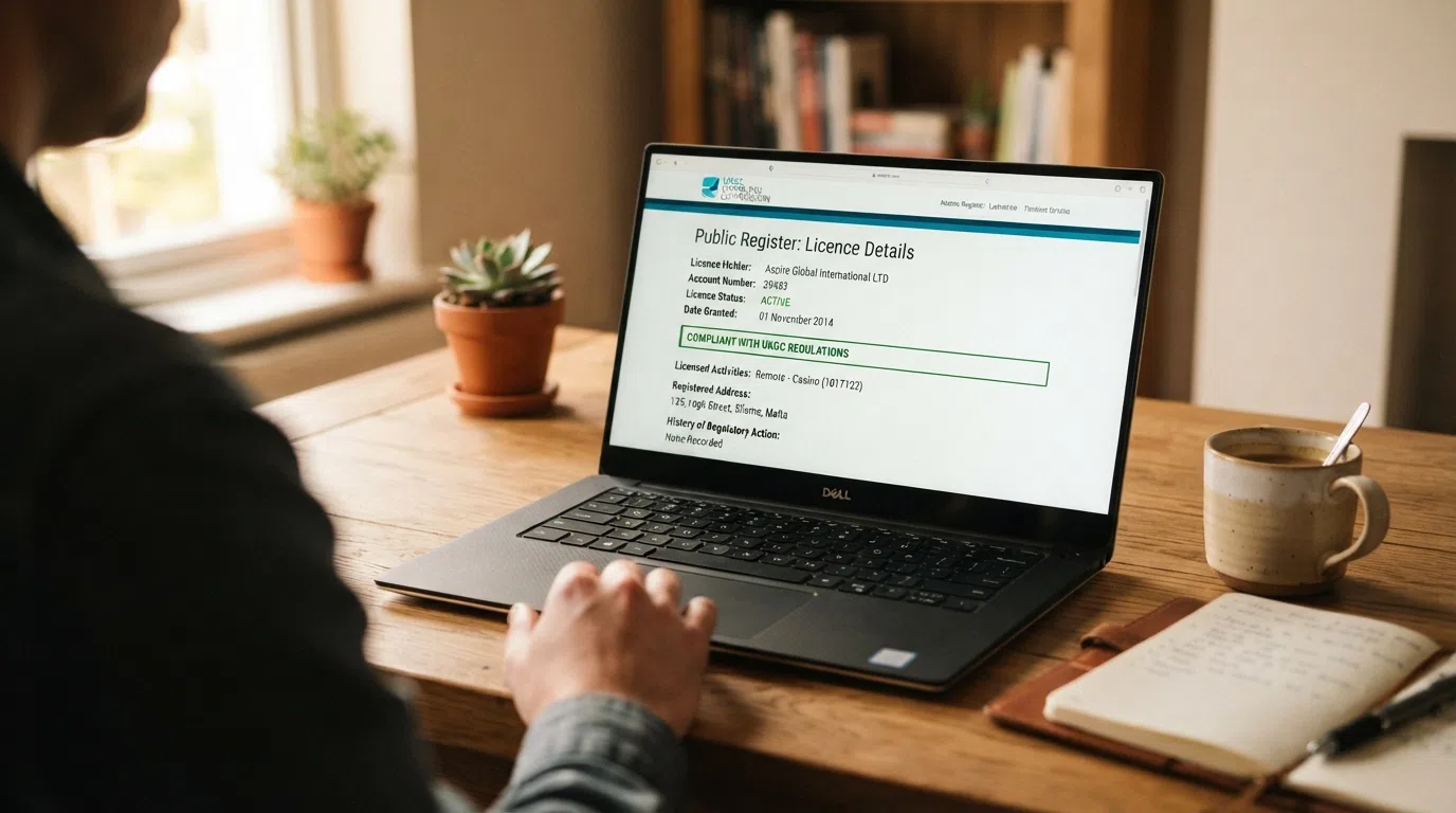 A close crop of a Gambling Commission public-register entry showing an active remote casino operating licence with the licence account number and status field visible