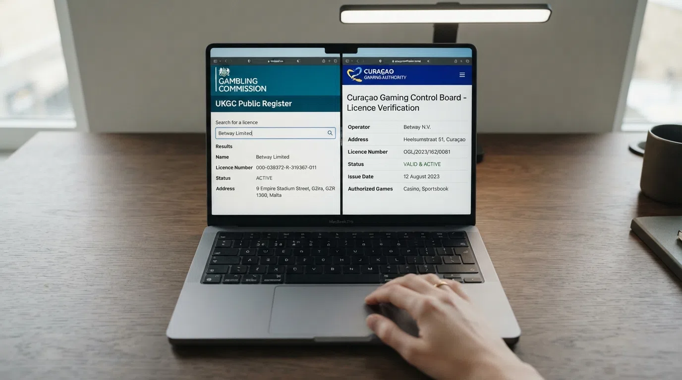 A close-up of a laptop screen showing the UKGC public register search bar on one half and the Curaçao CGA licence-verification portal on the other, with a casino logo blurred in the reflection