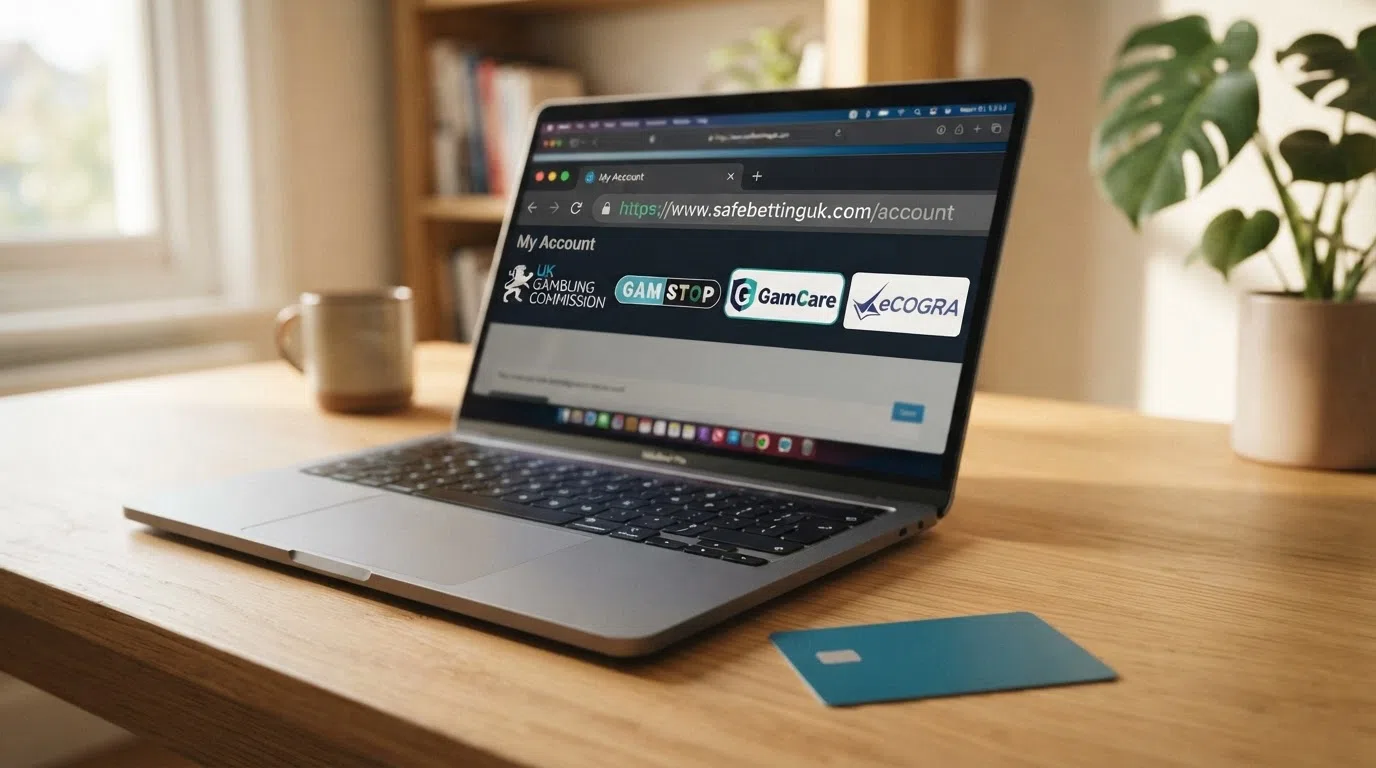 The UK Gambling Commission logo displayed alongside GAMSTOP, GamCare and eCOGRA certification badges on a secure-connection browser bar