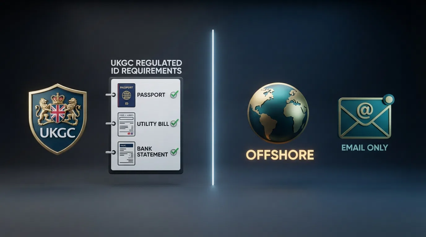 A split visual: on the left, a UK Gambling Commission badge beside a checklist of ID requirements (passport icon, utility bill icon, bank statement icon); on the right, a globe icon marked “offshore” with a single email icon