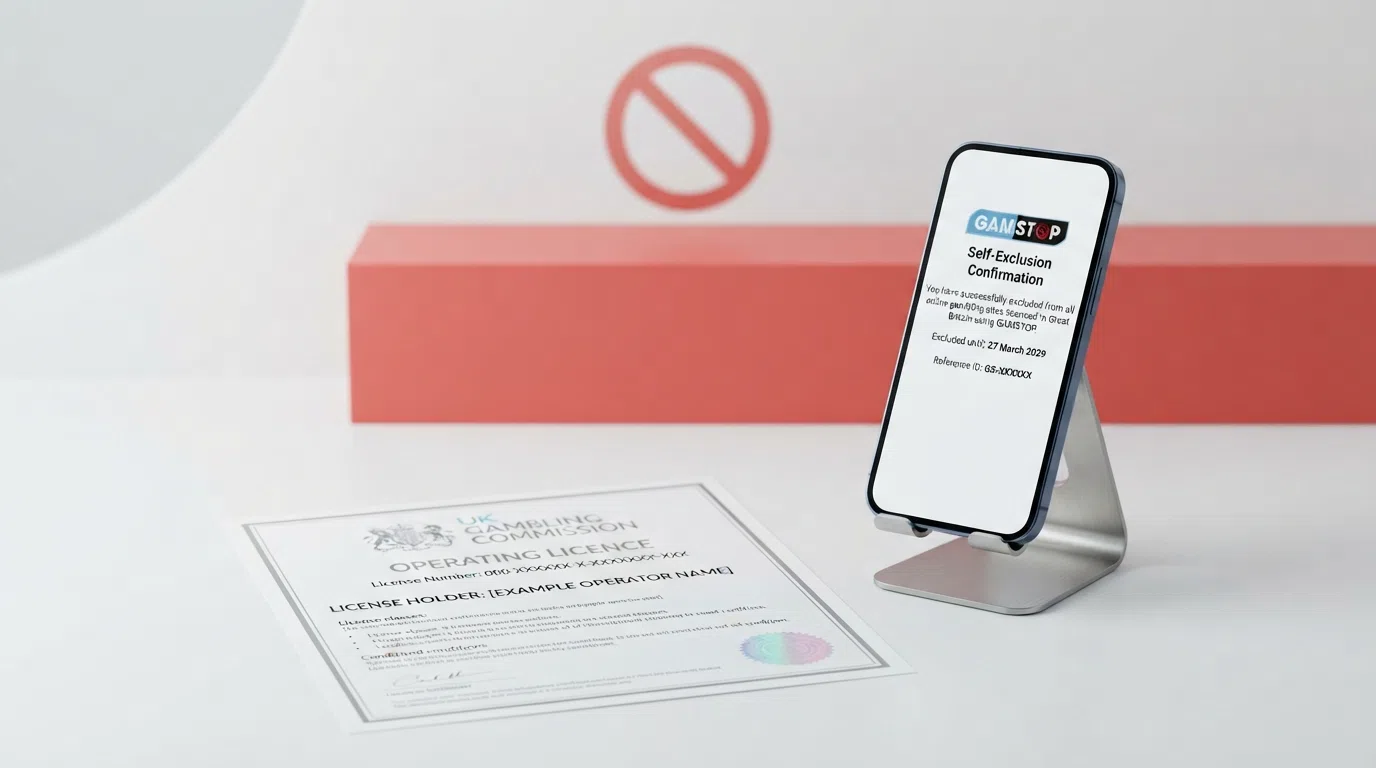 A UK Gambling Commission licence certificate on a desk alongside a smartphone displaying a GamStop self-exclusion confirmation screen, with a red “no access” symbol over an offshore casino logo in the background