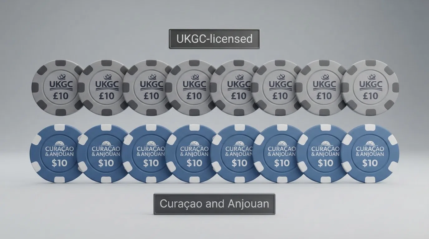 Two rows of casino logos, one labelled UKGC-licensed, the other labelled Curaçao and Anjouan