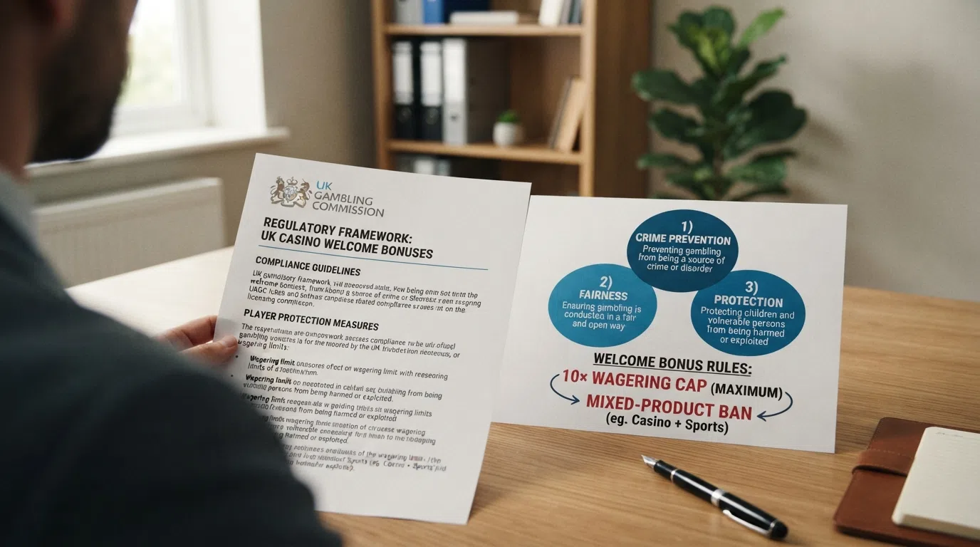 The Gambling Commission headquarters sign alongside a simplified visual of the three licensing objectives — crime, fairness and protection — with the 10× cap and mixed-product ban called out