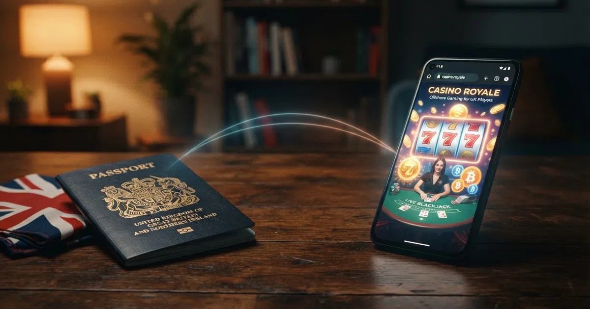 A split composition showing a UK passport or Union Jack on one side and a glowing casino interface with slot reels and a Bitcoin symbol on the other, connected by a digital bridge across a geographic divide