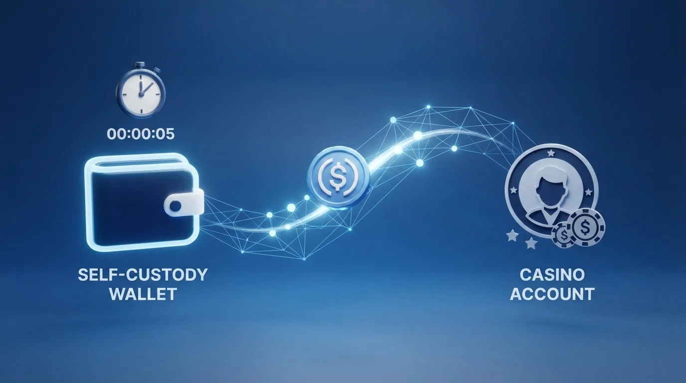 A simplified flow diagram showing USDC moving from a self-custody wallet icon through a blockchain network node to a casino-account icon, with a clock symbol annotating the deposit side