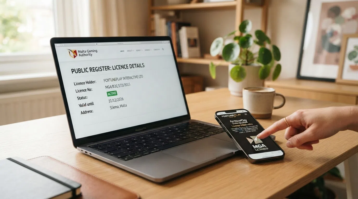 A close-up screenshot of an online casino's licence verification page showing a valid certificate number, the issuing regulator's name, and an active-status indicator, alongside a browser window open to that regulator's public register confirming the same details