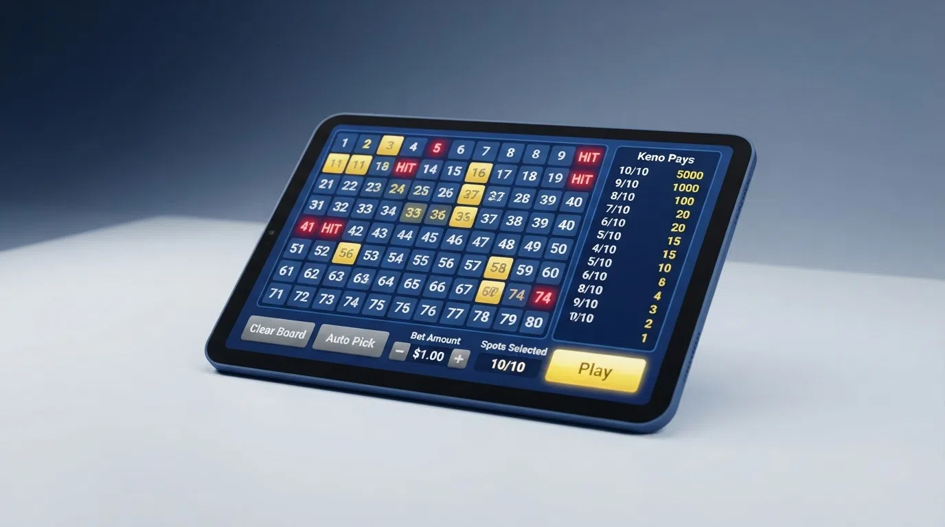 A video keno slot machine screen showing a number grid, touch controls for stake and spot selection, and a pay-table panel