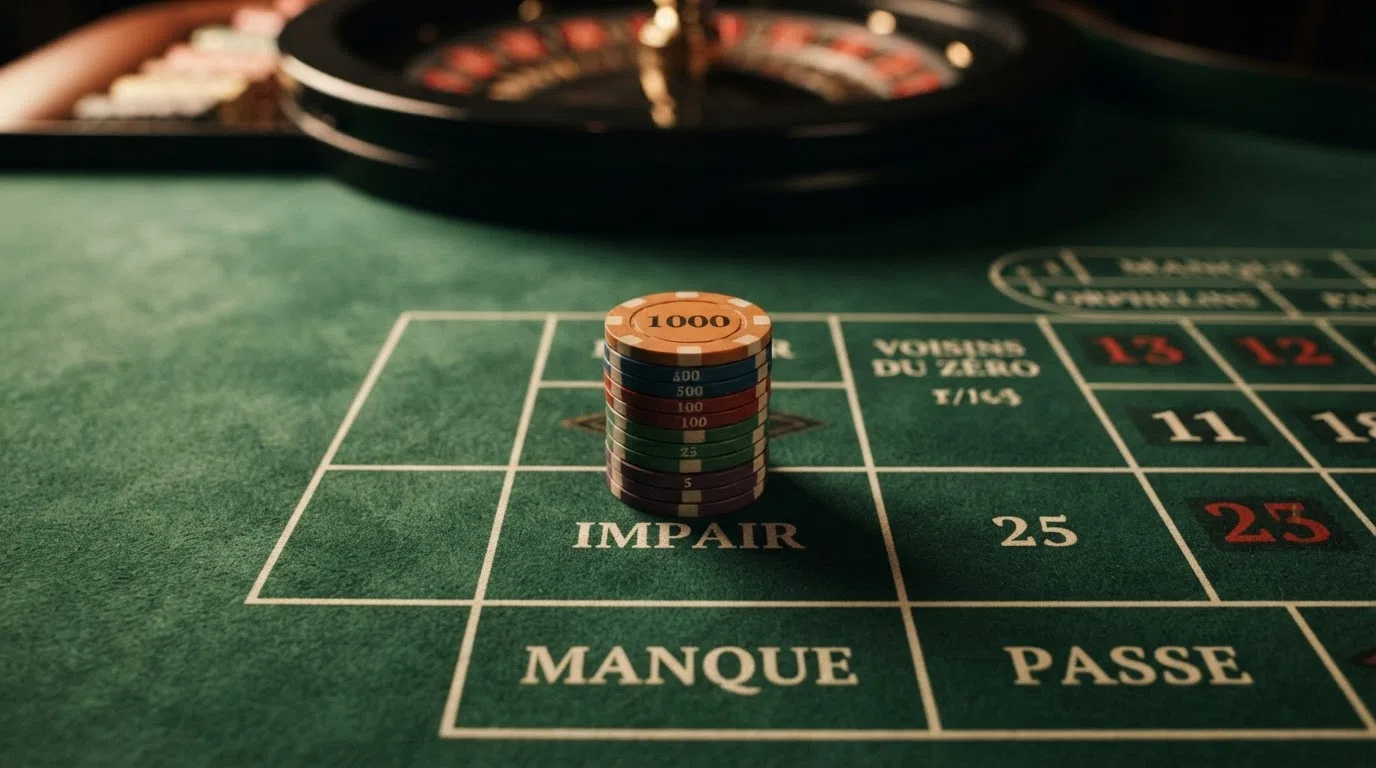 A close-up of high-denomination chip stacks placed on a French roulette table's even-money betting area, with the racetrack section visible and the wheel softly out of focus behind