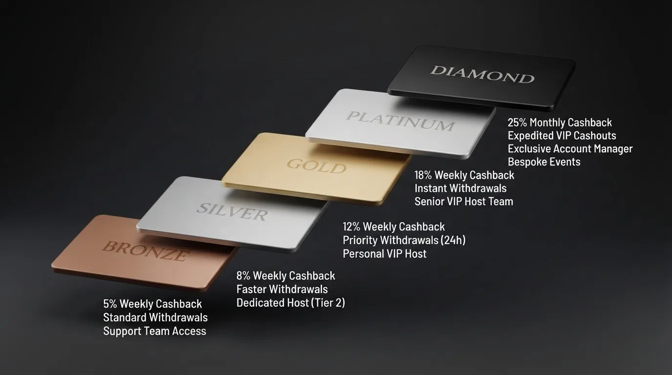 A visual hierarchy of casino VIP tier levels shown as ascending cards — Bronze, Silver, Gold, Platinum and a black Diamond card at the top — with key perks listed beneath each tier.