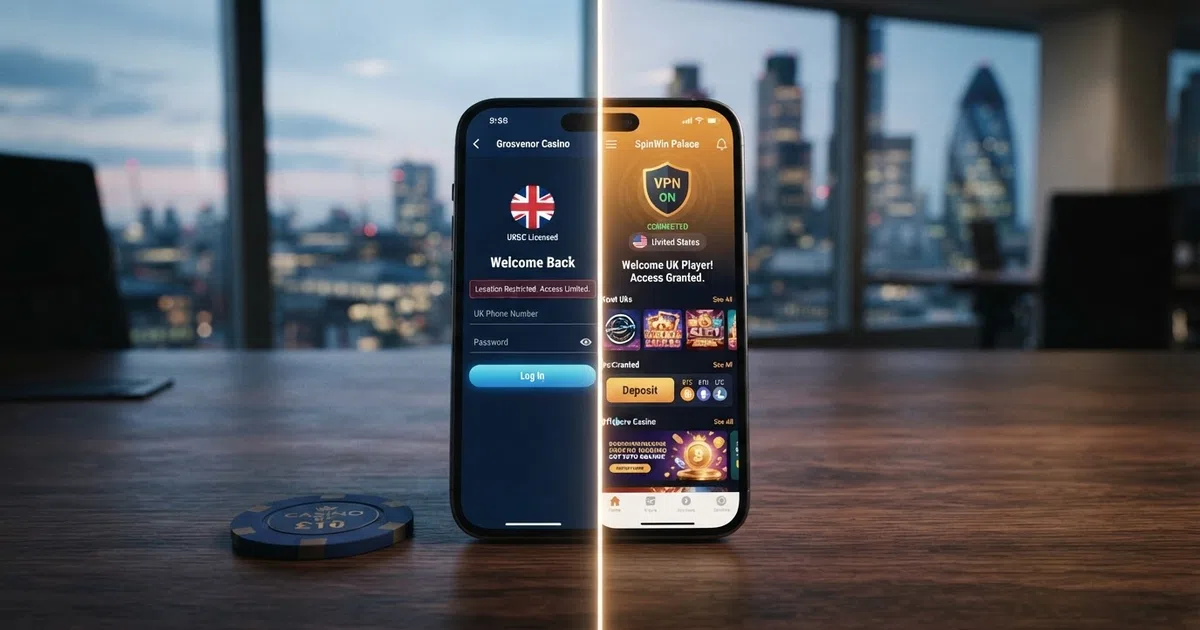 A split-screen composition: on the left, a smartphone displaying a UKGC-licensed casino login screen with a location-verification prompt; on the right, the same phone showing a VPN connection indicator alongside an offshore casino lobby with a “Welcome” message and crypto deposit options.