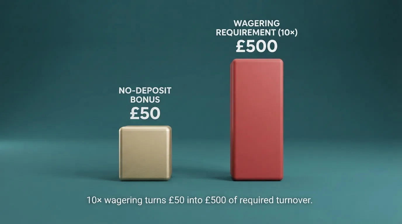 A diagram comparing a £50 no-deposit bonus against a 10× wagering requirement, showing £500 in required play-through before any withdrawal is possible