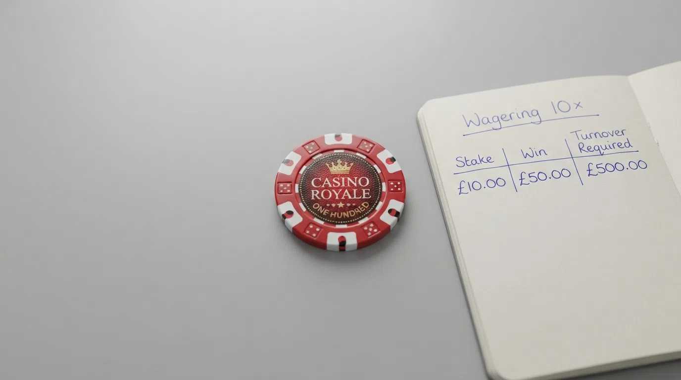 A close-up of casino bonus terms and conditions with a pen pointing to the wagering-requirement line, a maximum-cashout figure and an expiry date