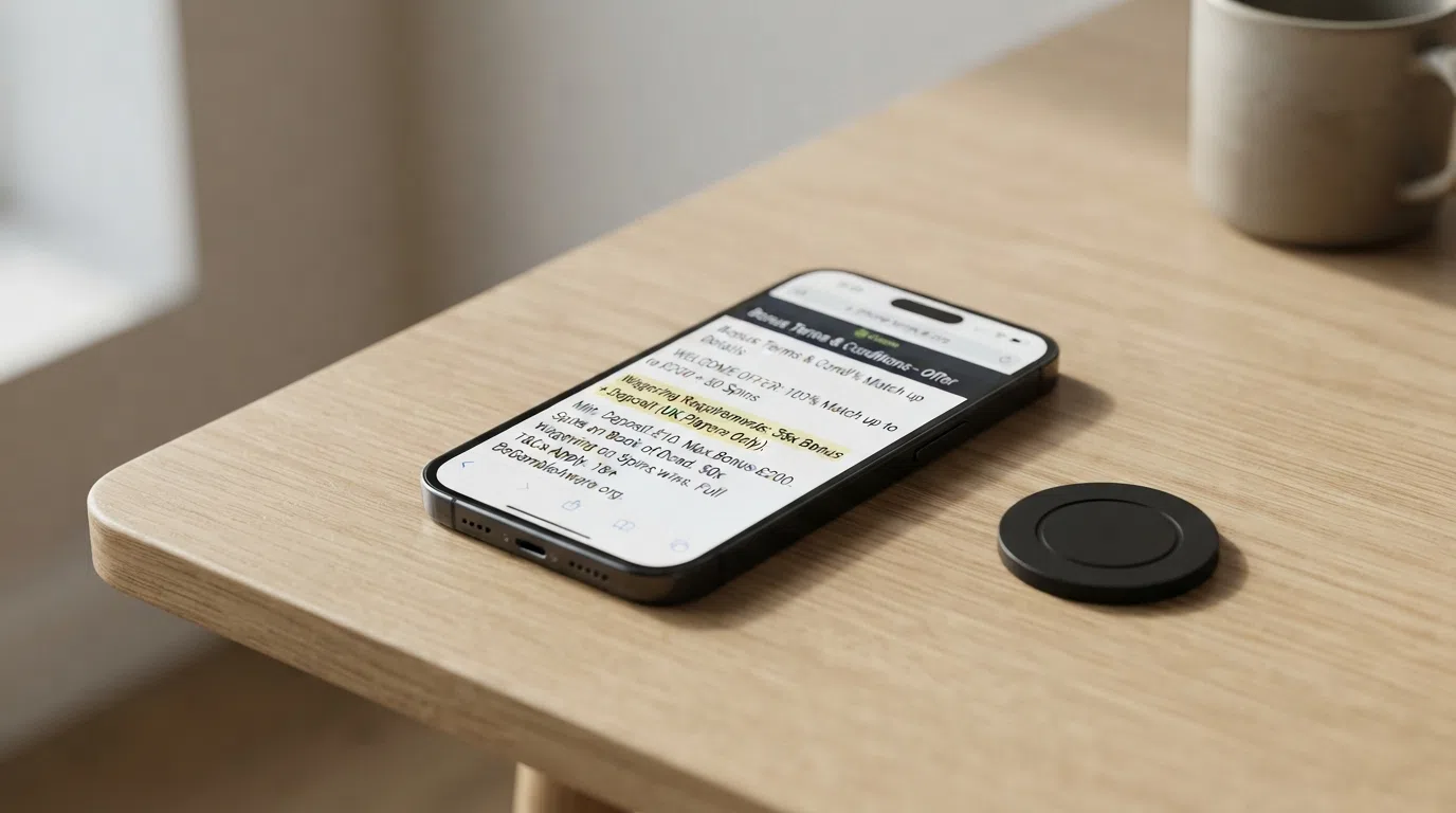 A close-up of a bonus terms screen on a smartphone, with the wagering requirement line highlighted