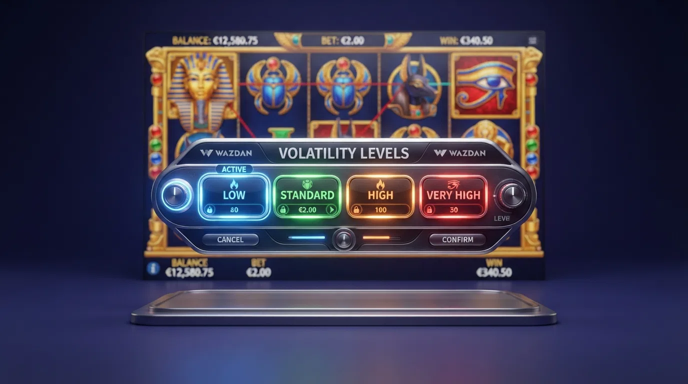 A screenshot of a Wazdan slot game screen showing the Volatility Levels selector with Low, Standard, High and Very High options visible