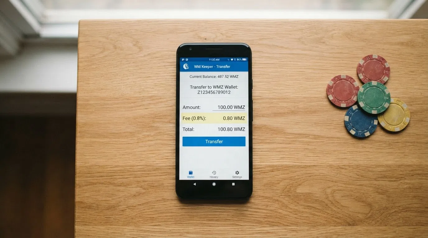 A phone screen showing a WebMoney transfer with a visible fee line and balance