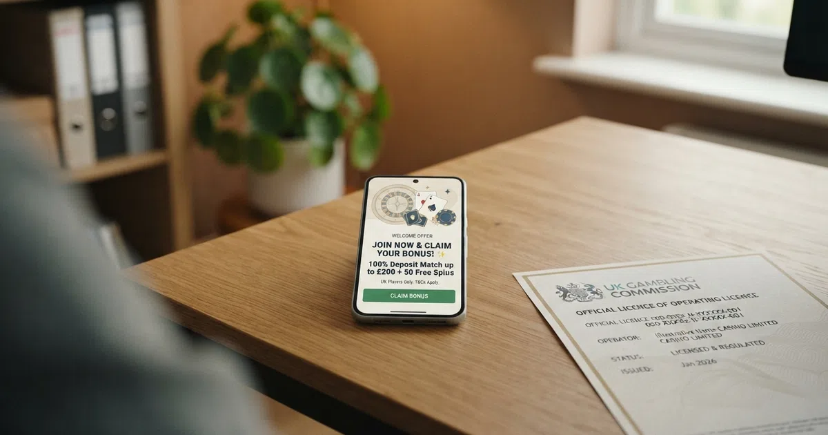 A UKGC licence certificate beside a smartphone screen displaying a casino welcome-offer landing page with a prominent “Claim Bonus” button