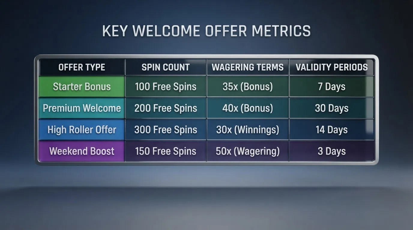 A side-by-side comparison grid of UK casino welcome bonus terms showing operator names, free-spin counts, wagering multipliers and validity windows