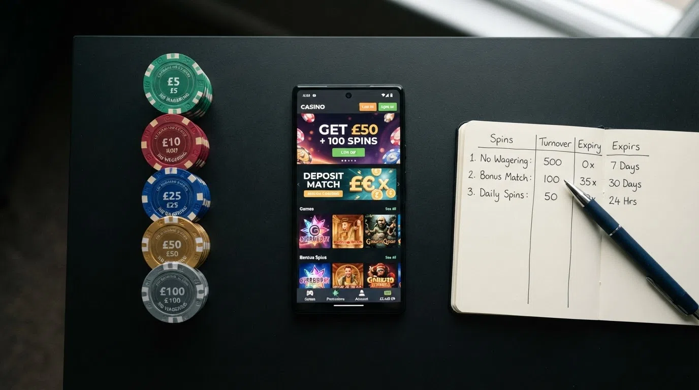 A side-by-side view of casino bonus terms showing free-spin count, wagering requirements, and expiry dates