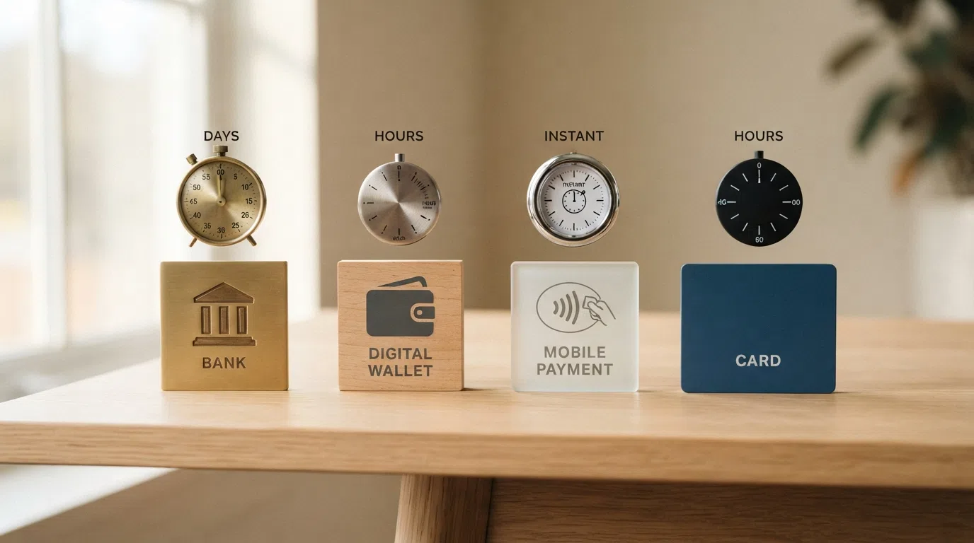 Four payment icons — a bank building, a PayPal logo, an Apple Pay symbol and a debit card — arranged left to right with a stopwatch graphic above each showing a successively longer time.