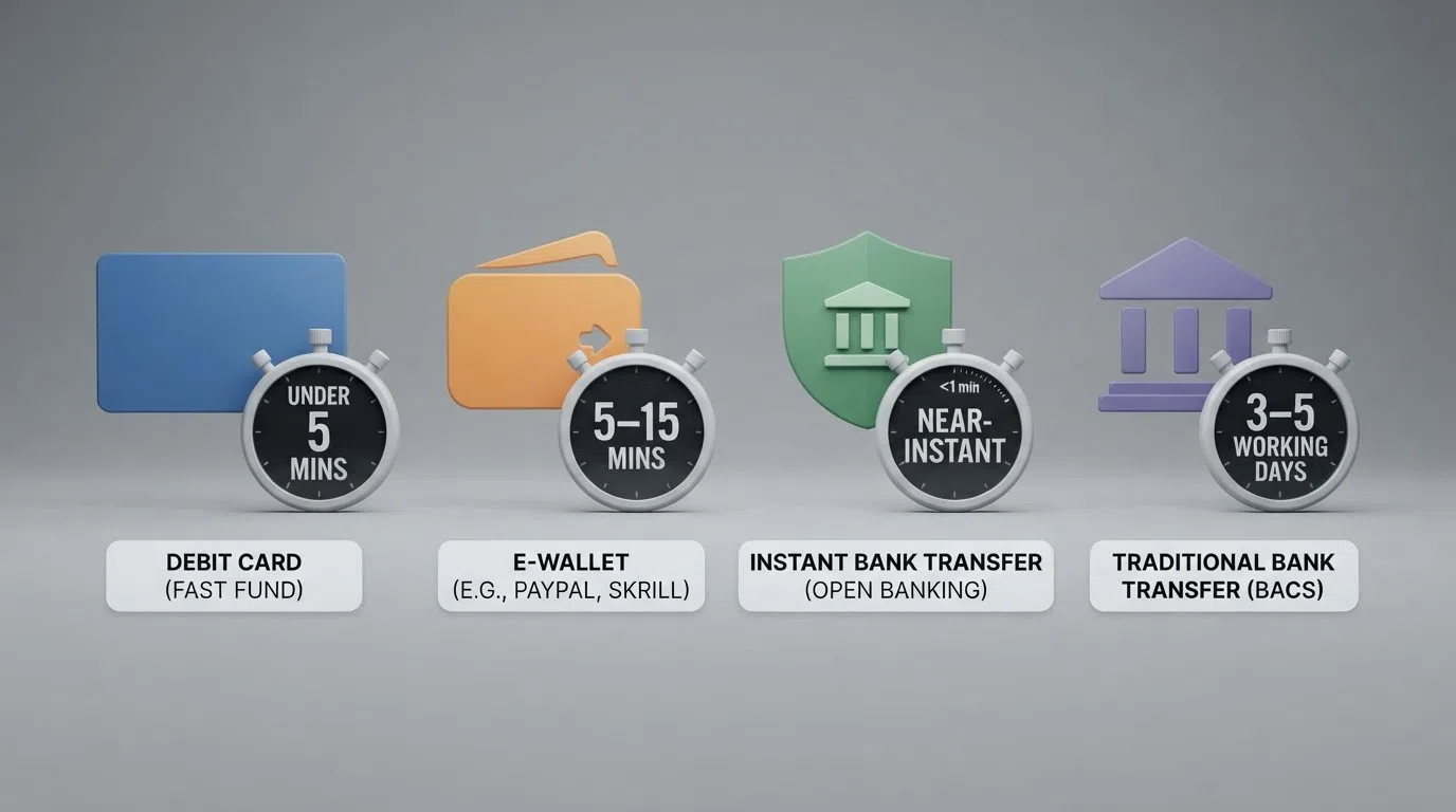 Side-by-side icons for Visa Direct, PayPal, Trustly, and bank transfer arranged left to right by speed, each paired with a stopwatch showing its fastest tested time