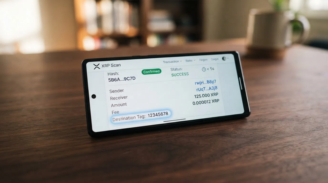 A smartphone displaying a blockchain explorer screen with an XRP transaction marked confirmed in under five seconds, the destination-tag field highlighted