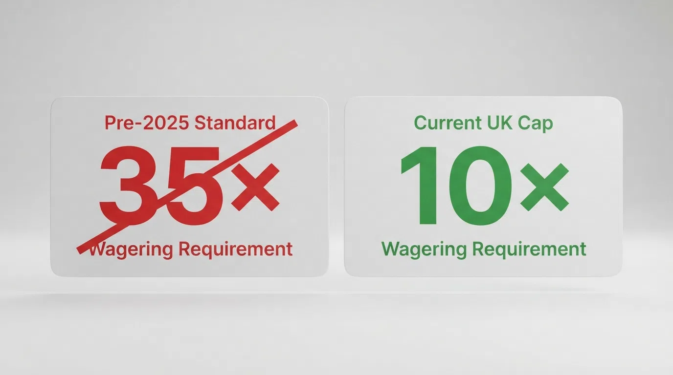 A side-by-side visual of two bonus-offer cards, one labelled with a large pre-2025 wagering figure crossed out and another showing the current UK 10× cap